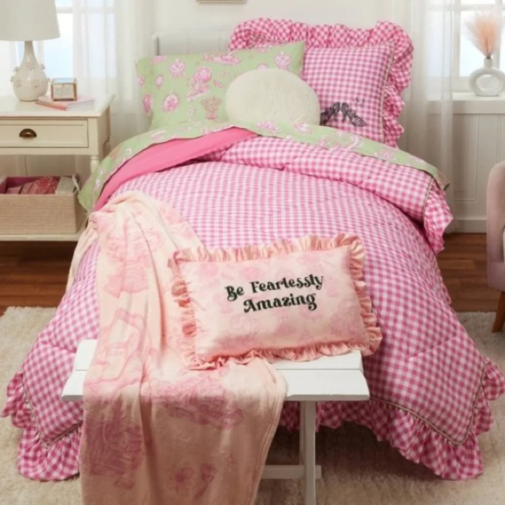 Wicked Katie Kime Twin Comforter Pink Gingham Ruffles High Heels Print NEW